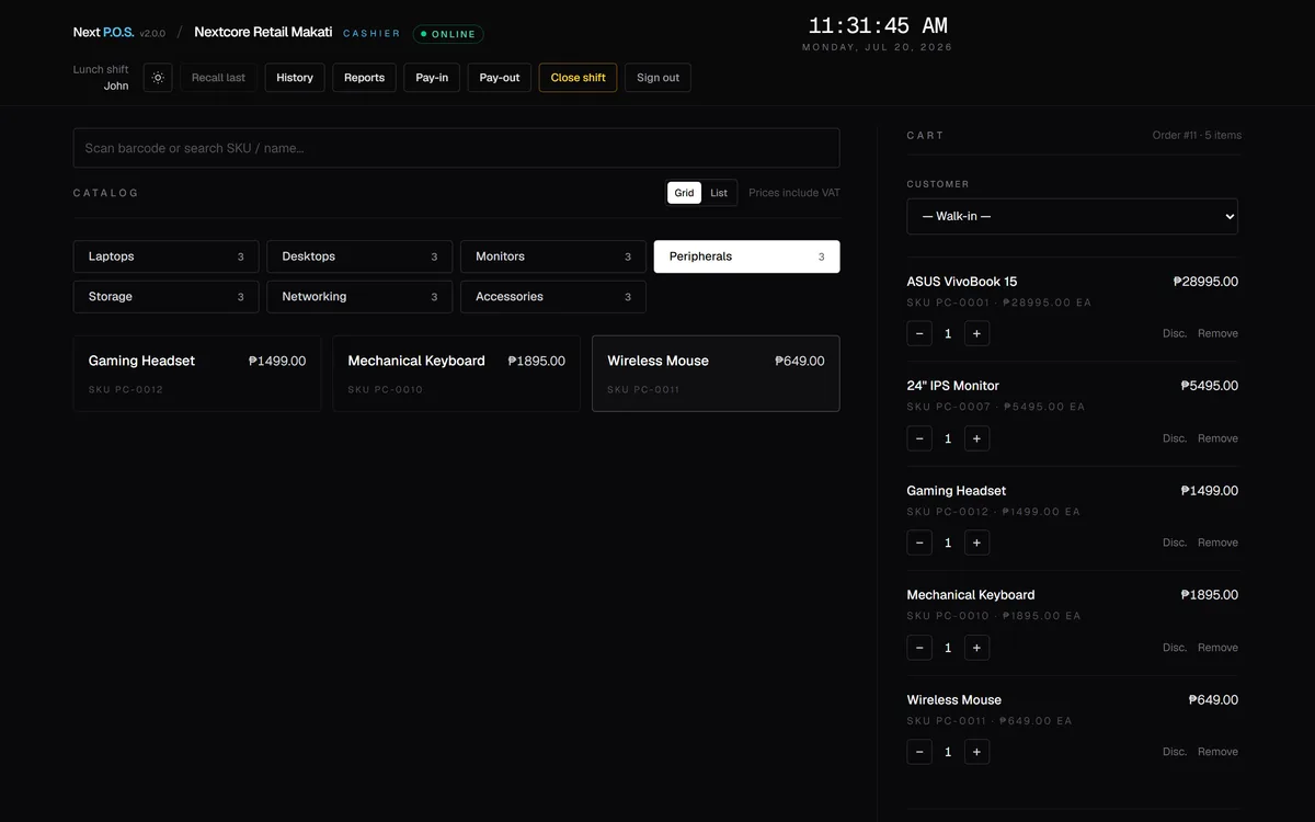 NextPOS retail terminal with an electronics catalog and a multi-item cart